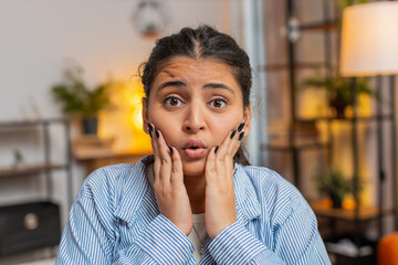 Portrait of stress offended woman boring dissatisfied looking at camera shake head no rejection...