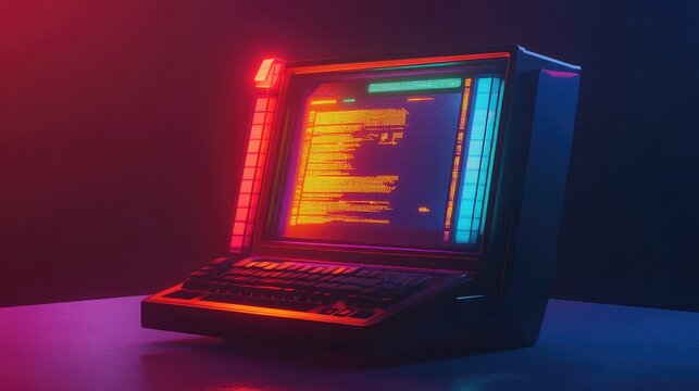 Retro futuristic computer terminal displaying glowing cryptic code