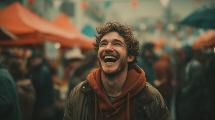 Fototapeta premium Joyful young man laughing freely in a crowded urban space