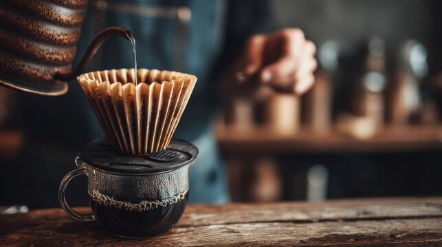 Craft brewing hands pouring over coffee in a cozy  artistic atmosphere intimate view
