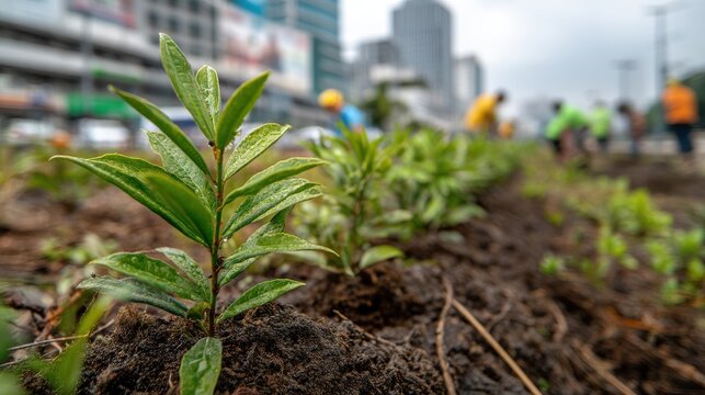 Urban tree planting by eco justice movement follows environmental awareness demonstration