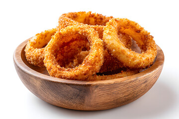 Breaded onion rings in a wooden bowl on a white background