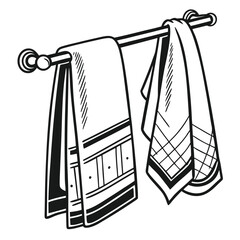 Two decorative towels hang neatly on a metallic bathroom rack in this monochrome art