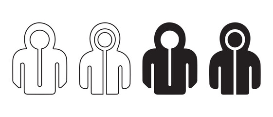 Minimalist hooded figure outline and solid icon set vector art.