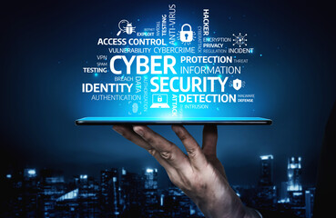 A creative visual representation of cyber security, showcasing essential terms related to information safety, identity protection, and breach detection in a technological environment. Tessel