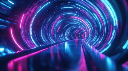 Futuristic neon light tunnel motion displaying speed