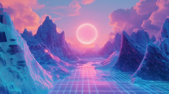 Synthwave retro style digital landscape with grid plane and wireframe sphere