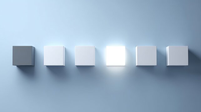 Six square fixtures mounted on a blue wall with one illuminated brighter,