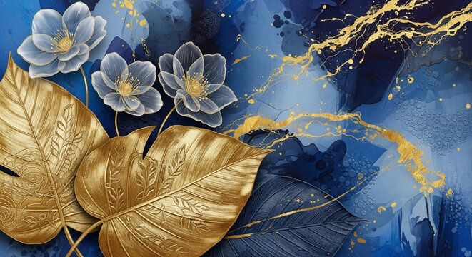 Abstract background with ransparent Golden Leaves on Blue. 3D wallpaper for home interior, digital printing, 3d mural wallpaper, frame canvas prints