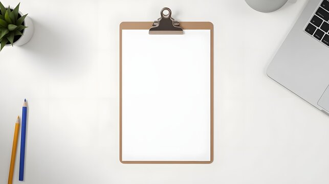 Modern minimalist desk setup featuring a blank clipboard, laptop, plant, and colored pencils, perfect for creative planning and business tasks. - Powered by Adobe
