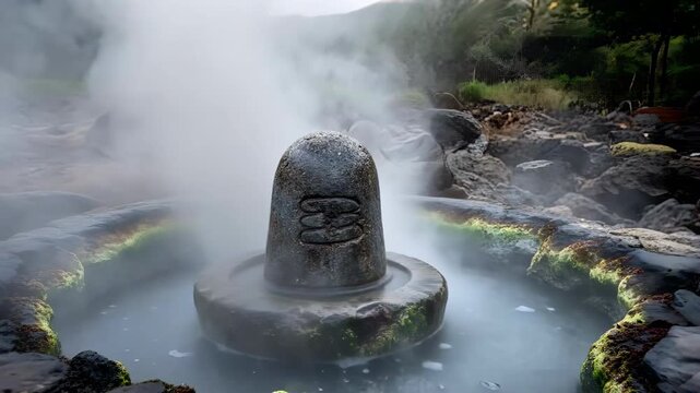 Rough river-stone Shiva Linga beside a steaming natural hot spring with algae-lined rocks