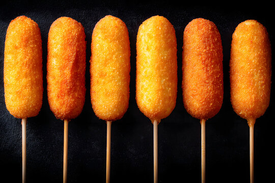 Corn dogs on a stick in a row on a black background