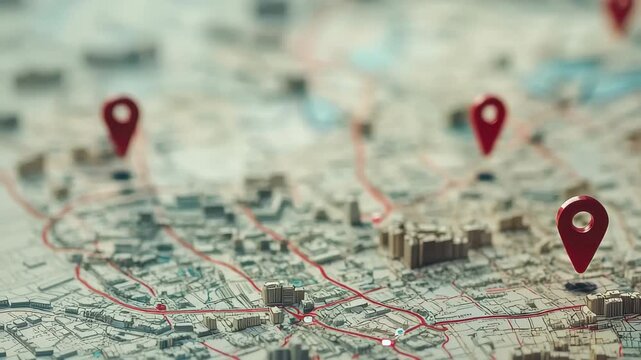 Multiple location markers stand out on a detailed city map, highlighting important landmarks and areas. The map features roads and geographical details for easy navigation.