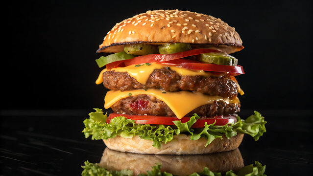 A delicious double cheeseburger with fresh lettuce, tomato, cucumber, and melted cheese, stacked high on a sesame seed bun against a dark background