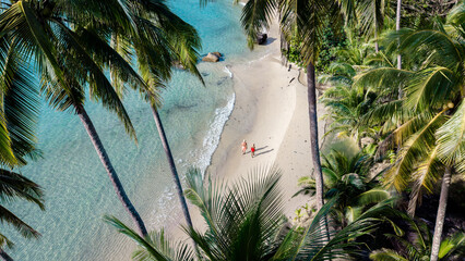 Serene beach walk on Koh Kood Island in Thailand amidst lush palm trees
