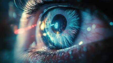 Human eye connecting with digital futuristic technology interface
