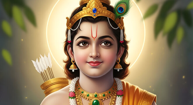 Portrait of Young Lord Rama with Golden Crown and Peacock Feather