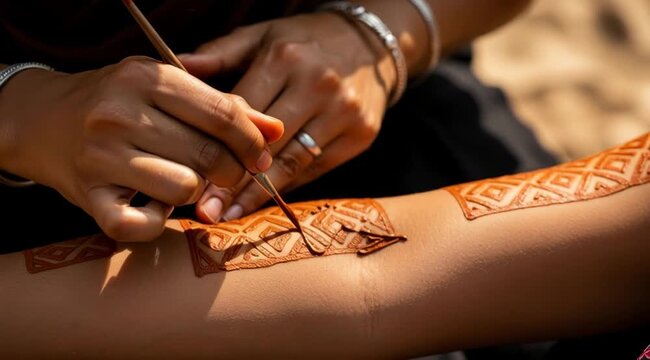 Close-up of a skilled artist applying intricate henna patterns to a person's arm with precision
