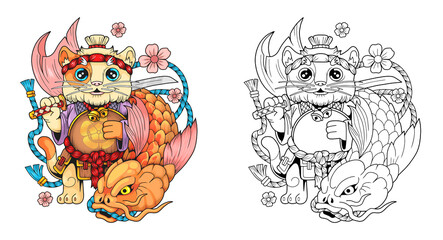 cartoon cute samurai cat, outline illustration