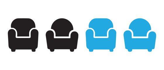 Modern armchair icon set. black and blue comfort furniture symbol.