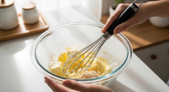 Grab a glass bowl containing sugar and butter and mix using a whisk.