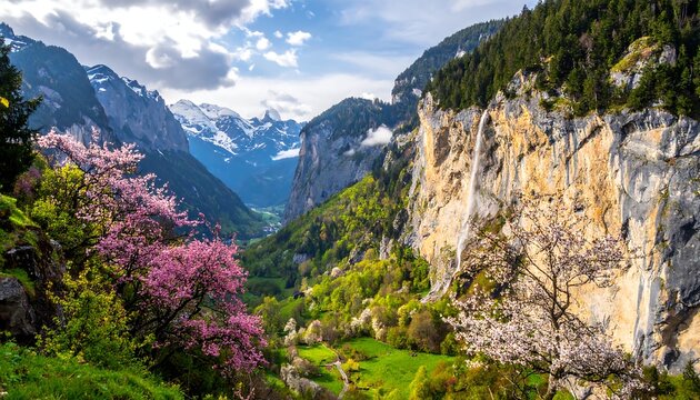 A valley vista shows tall cliffs, green fields, snow-topped mountains, and flowering trees