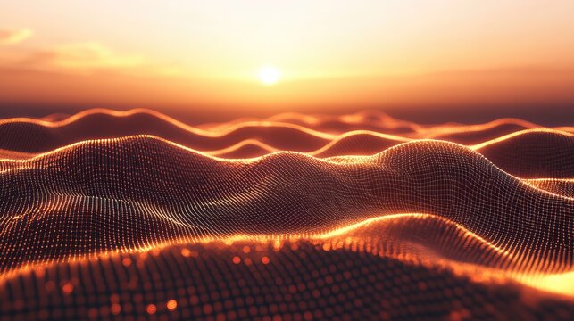 Digital wave particles creating an abstract golden sunset landscape
