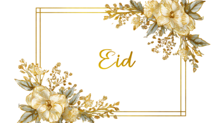 Elegant golden frame adorned with delicate cream flowers and greenery for eid celebrations isolated on transparent background
