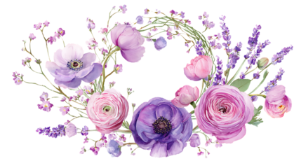 Beautiful watercolor floral wreath with roses tulips and lavender isolated on transparent background