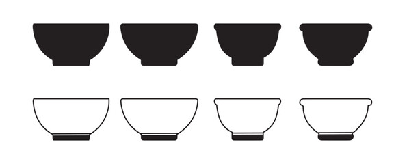 Set of eight varied bowl icons, silhouette and outline design.