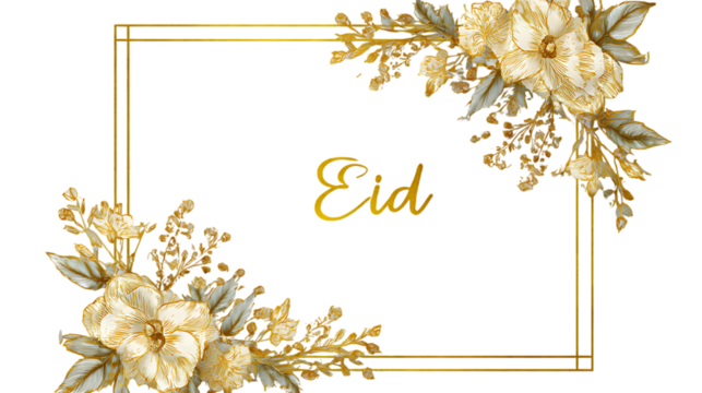Elegant golden frame adorned with delicate cream flowers and greenery for eid celebrations isolated on transparent background