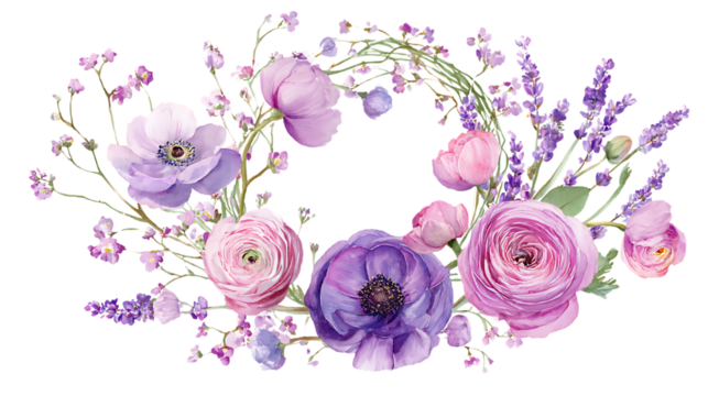 Beautiful watercolor floral wreath with roses tulips and lavender isolated on transparent background