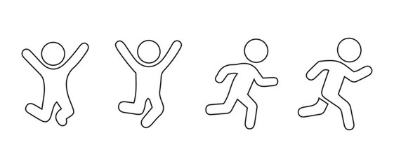 Happy jumping and fast running stick figures line art icon set.
