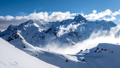 A view of snow covered mountains with peaks piercing through scattered clouds on a bright sunny day