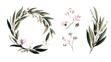 Elegant greenery wreath with delicate white flowers and leaf sprigs isolated on transparent background