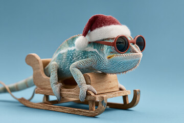A festive chameleon wearing a santa hat and sunglasses rides in a wooden sled against a blue background