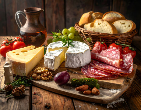 AI-generated image of Rustic charcuterie board with assorted cheeses, cured meats, fruits, nuts, and bread on wooden table