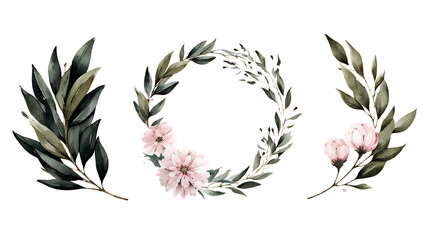 Elegant watercolor floral wreath and botanical sprigs with delicate pink flowers isolated on transparent background