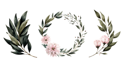 Elegant watercolor floral wreath and botanical sprigs with delicate pink flowers isolated on transparent background