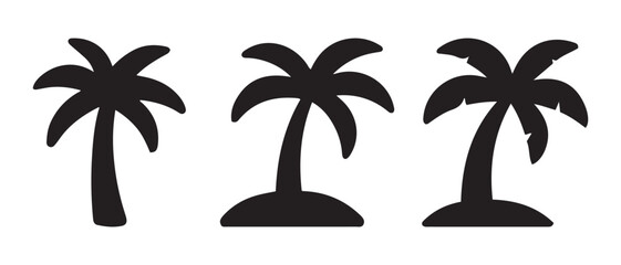 Collection of three black palm tree silhouettes, tropical icon.