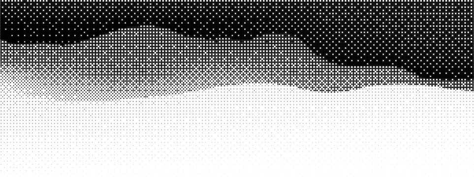 Pixel bitmap bg with bit pattern and gradient dither for 8 black background. Game vanishing vintage and fade effect with 2d background and horizontal mosaic illustration. Tile speckle and simple