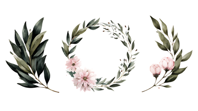 Elegant watercolor floral wreath and botanical sprigs with delicate pink flowers isolated on transparent background - Powered by Adobe