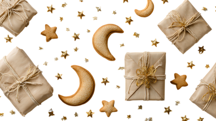 Festive crescent moons and star shaped cookies scattered with gift boxes isolated on transparent background