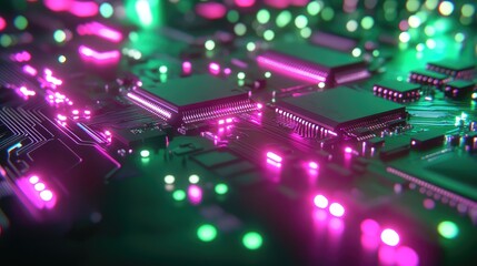 Glowing microchip circuit board with neon lights and data flow