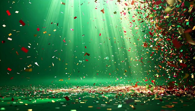 A vivid, emerald-green scene with a shower of colorful confetti filling the space, illuminated by a bright light beam