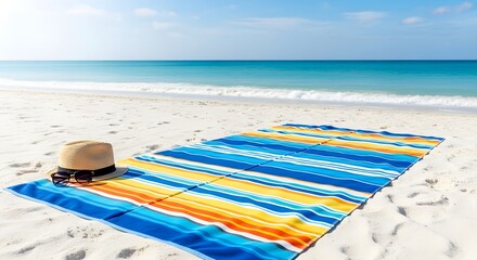 Obraz premium Beach scene with towel hat and sunglasses on white sand and turquoise water