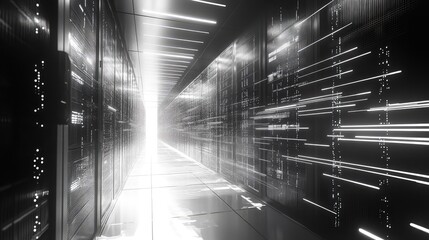 Server room with data lines in a futuristic hallway