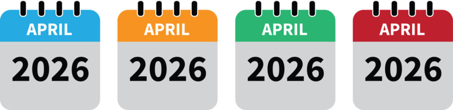 april 2026 calendar in four different colors. 2026 APRIL calendar icon set in colorful . april month flat calender icon set isolated on white background..