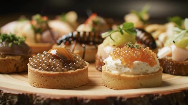 Gourmet canap?s on wooden platter with soft focus, suitable for culinary advertising