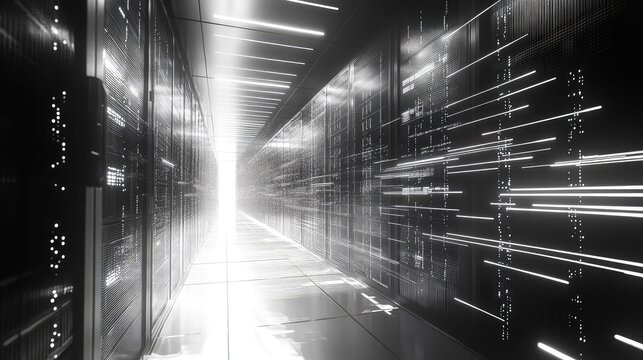 Server room with data lines in a futuristic hallway